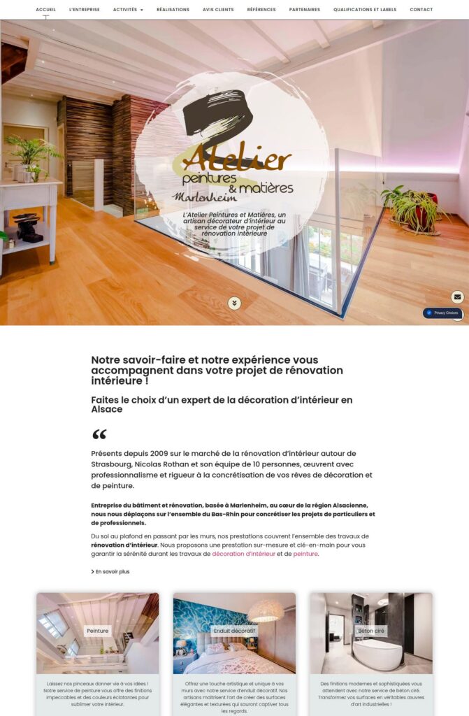 Page d'accueil du site Atelier Peintures & Matières, référence LIJE Creative