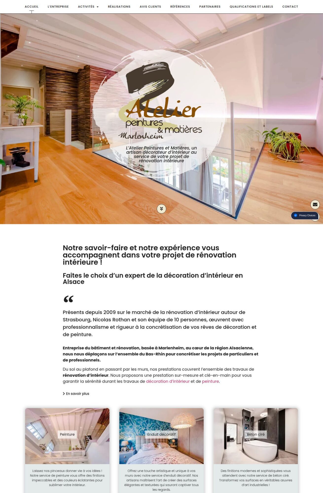 Page d'accueil du site Atelier Peintures & Matières, référence LIJE Creative